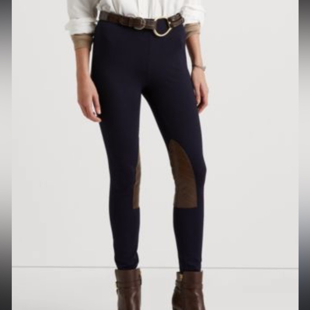 POLO RALPH LAUREN Leather Knee Patches Equestrian Preppy Navy Leggings sz‎ S
